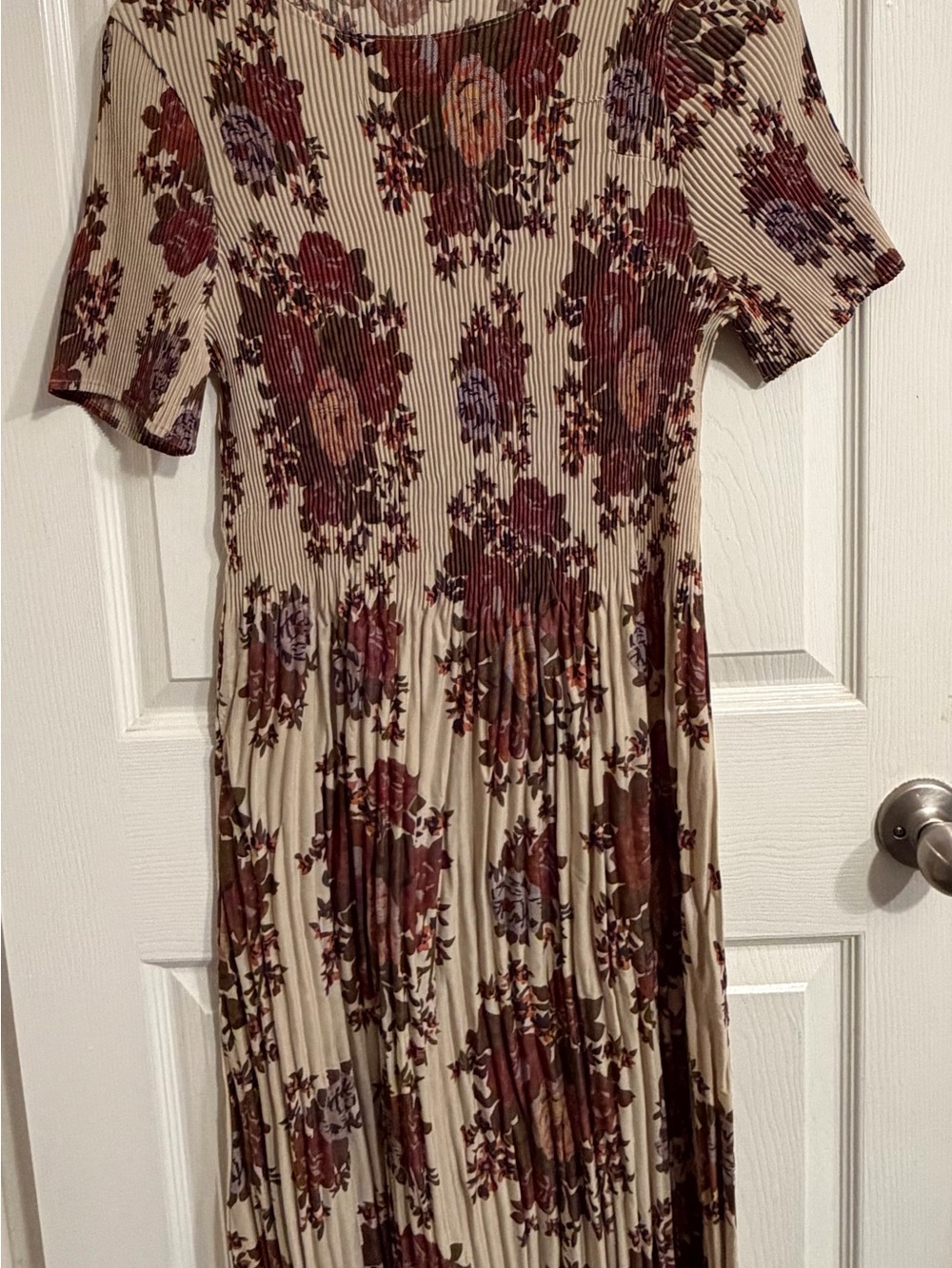 Beige Floral Midi Dress with Burgundy Rose Motif